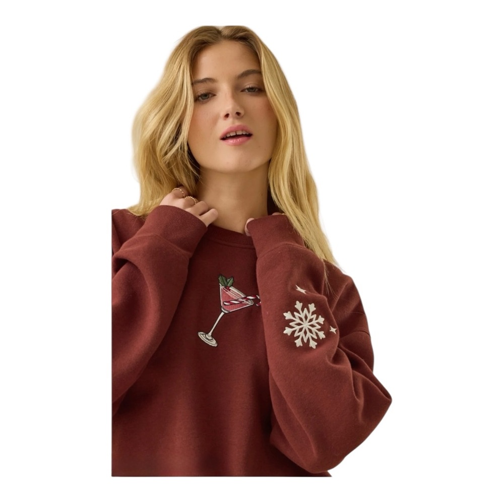 Altar’d State NWT Candycane Martini RumBrown Sweatshirt with Cocktail Embroidery - Picture 4 of 11